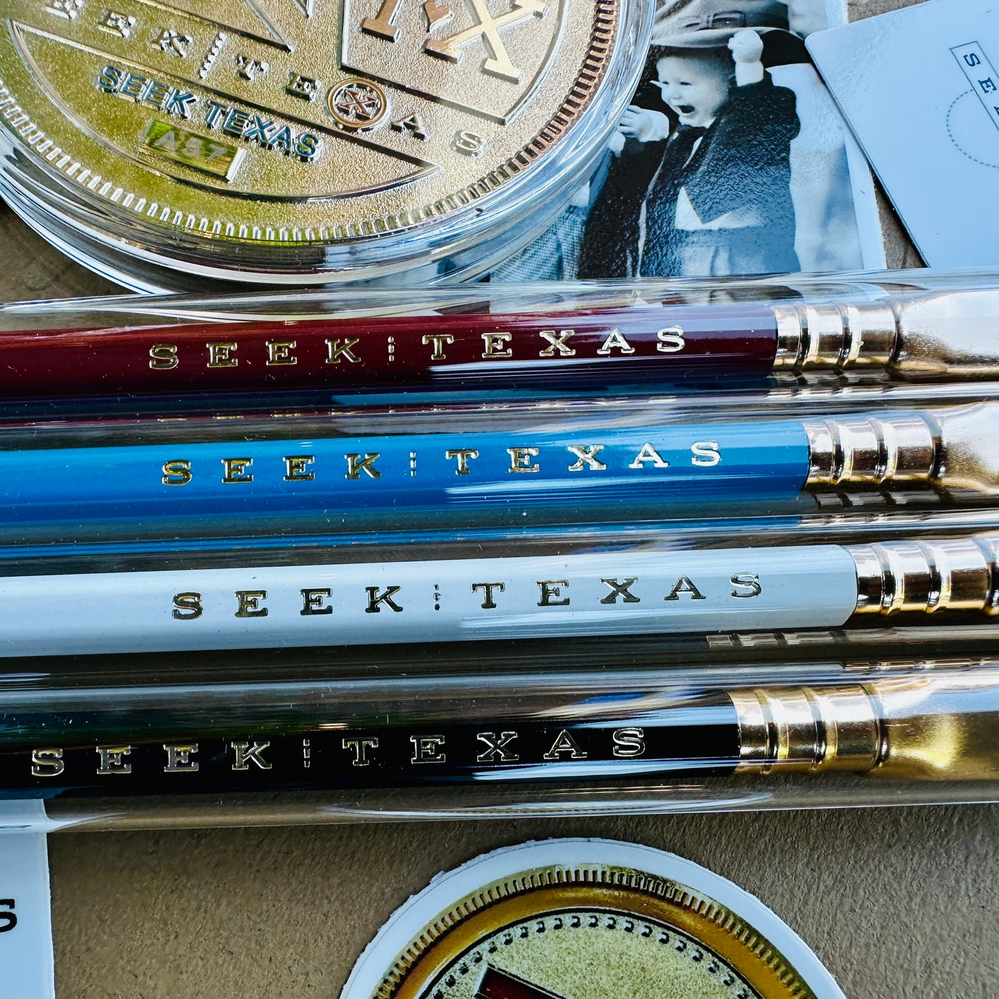 ALL (4) SeekTexas Pencils + 3” Limited Edition SeekTexas© “A-Series” Medallion